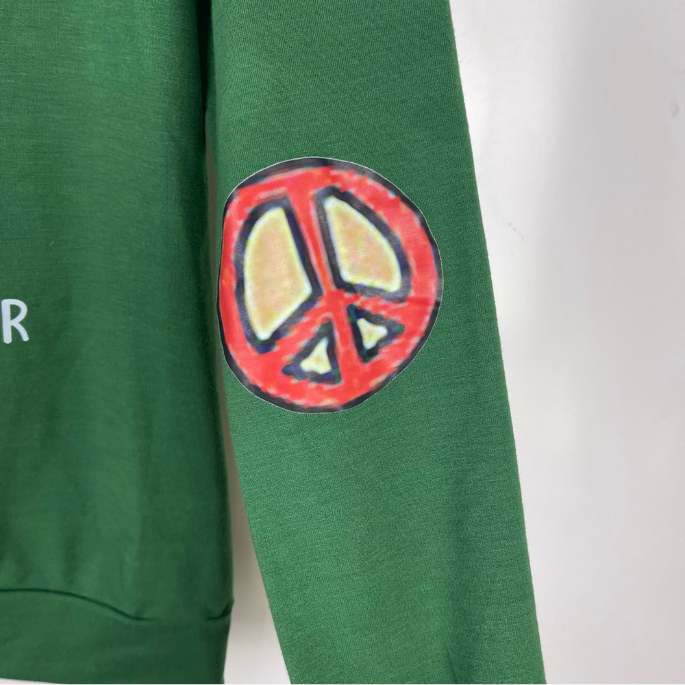 Boho Green Graphic Sweatshirt Cat Lover Van Peace Sign Retro Pullover Medium - Picture 7 of 7